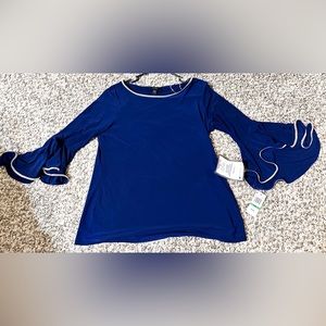 Msk Rhinestone Women's Blouse Boat Neckline Bell-Sleeve Top Blue Large L